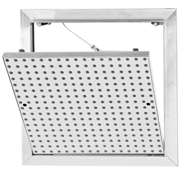 Revisionsklappe AluAkustik 200 x 200mm mit 12,5mm GKB-Einlage 8/18er Lochung Quadratisch, Vlies schwarz, Deckeneinbau