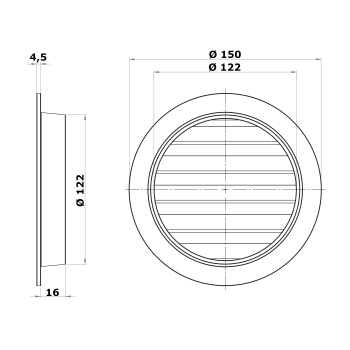 Skizze Wetterschutzgitter Aluminium Guss Anschluss Stutzen DN 125mm