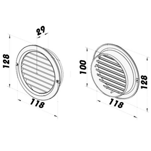 Skizze Lüftungsgitter Kunststoff weiß rund DN 100 mm