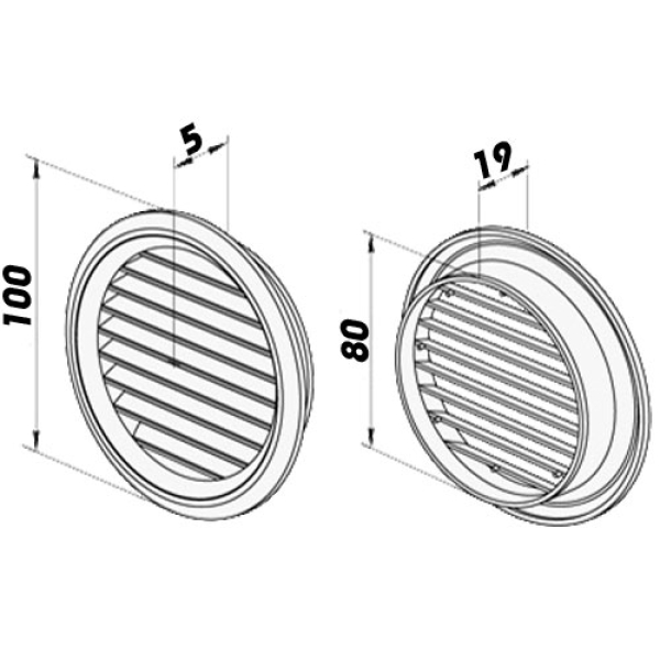 >Skizze Lüftungsgitter weiss rund mit Durchmesser Stutzen 80 mm