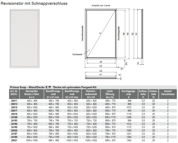 Datenblatt Revisionstüren Primus Schnappverschluss