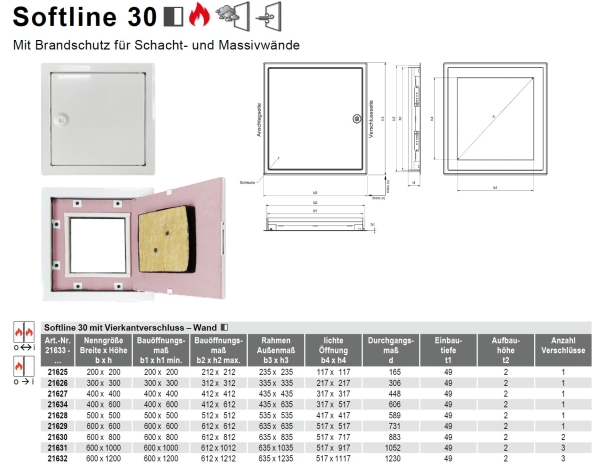 Datenblatt Brandschutz Revisionstür Softline 30