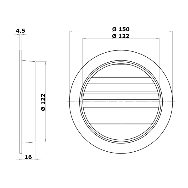 Skizze Wetterschutzgitter Aluminium Guss Anschluss Stutzen DN 125mm
